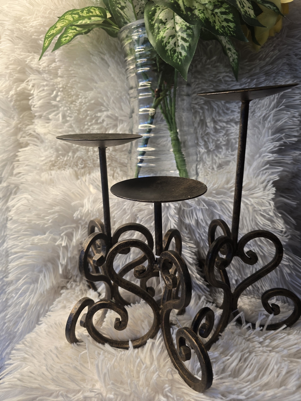 Rustic Scroll Metal Candle Holder Trio - Brown Iron Finish